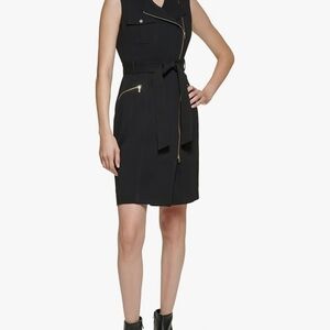 Calvin Klein Size 16 Black Belted Mini Dress With Gold Accents